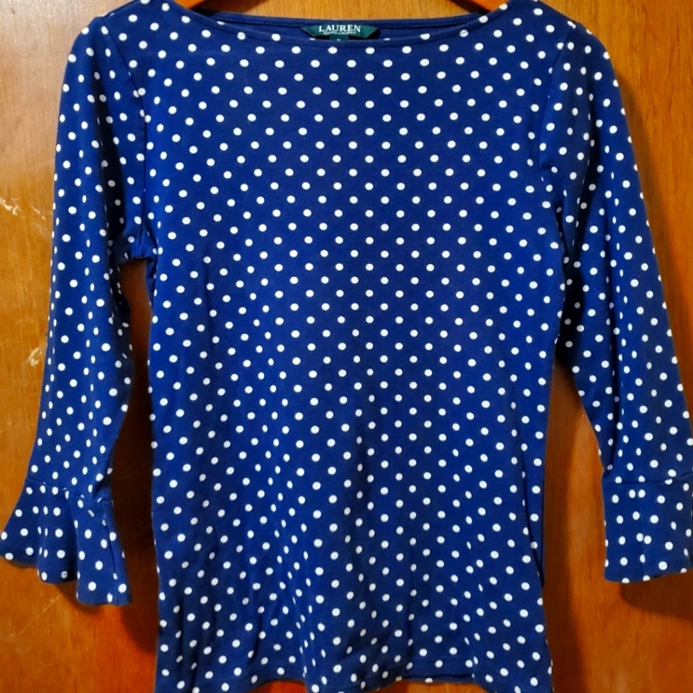 Women's blue and white  pocka dots Ralph  Lauren Top sz Medium